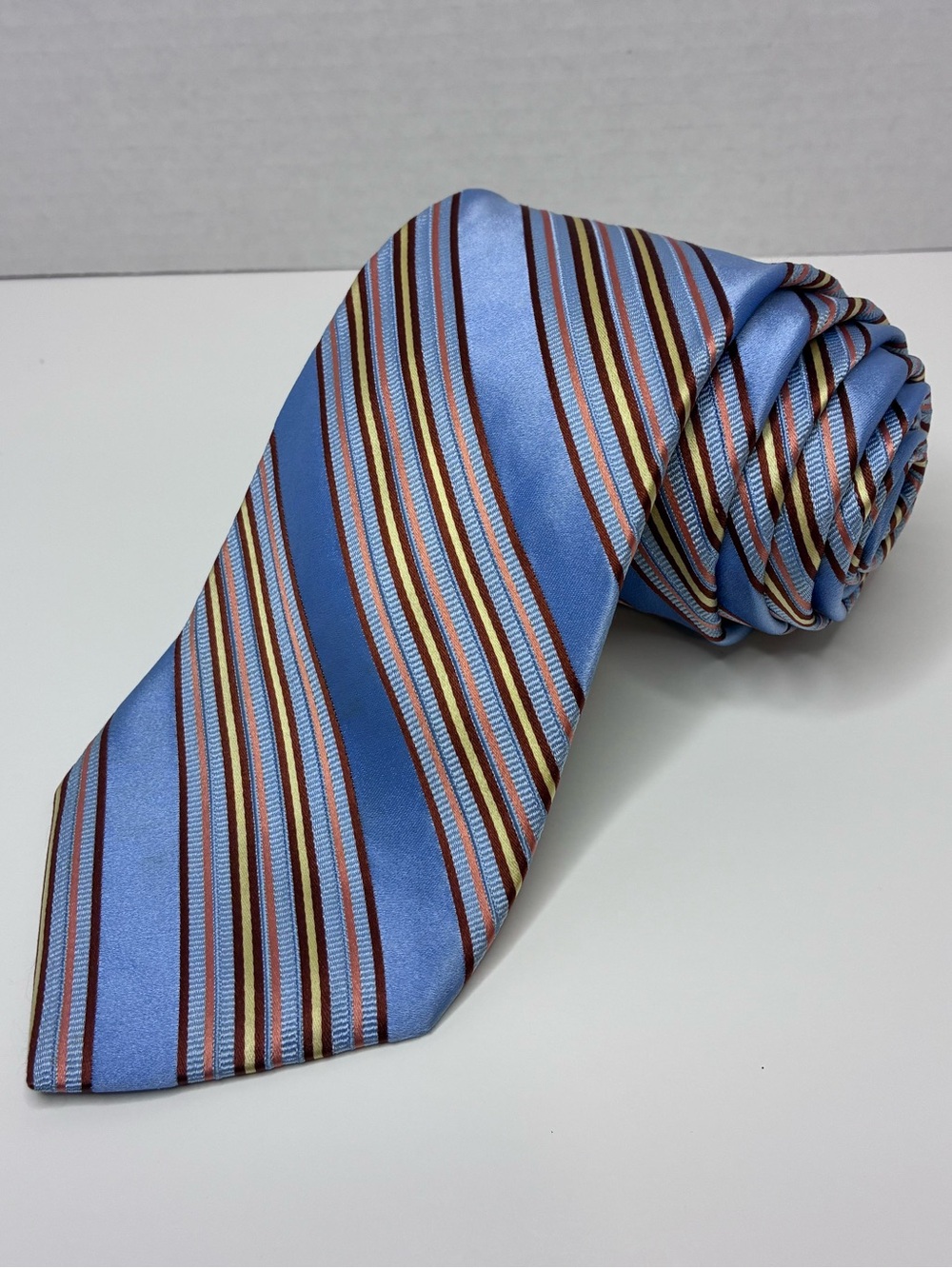 Ted Baker London Mens Neck Tie 100% Silk Light Blue Diagonal Striped Brown Gold